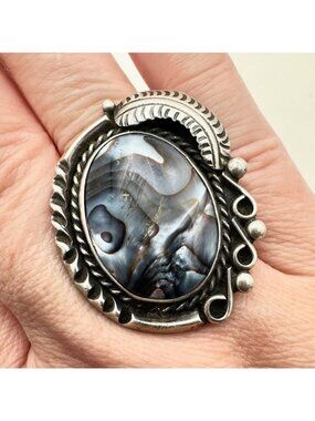 American Southwest Huge Ring Sterling Silver Abalone Size 9.5
